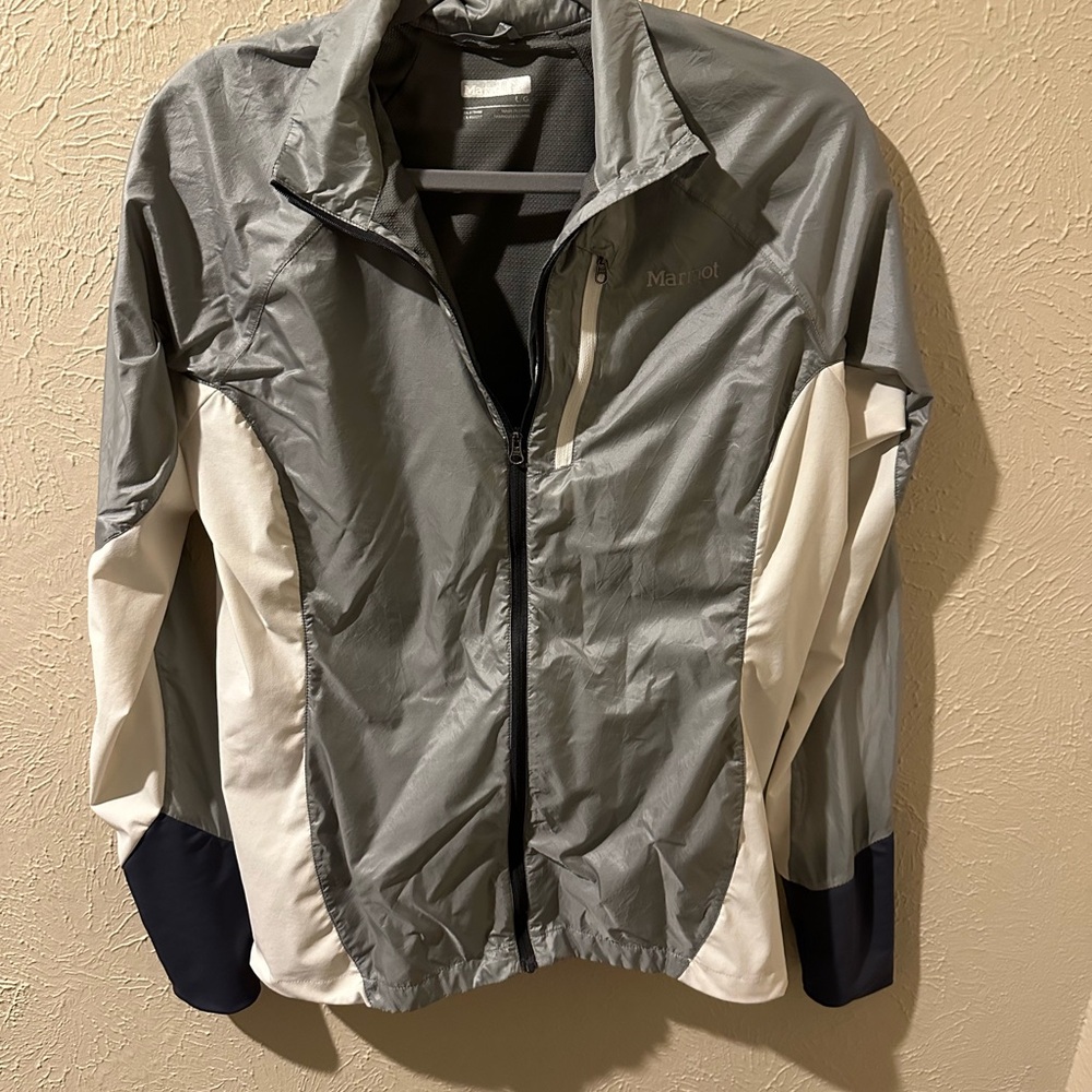 Marmot Gray and White Packable Zip Windbreaker